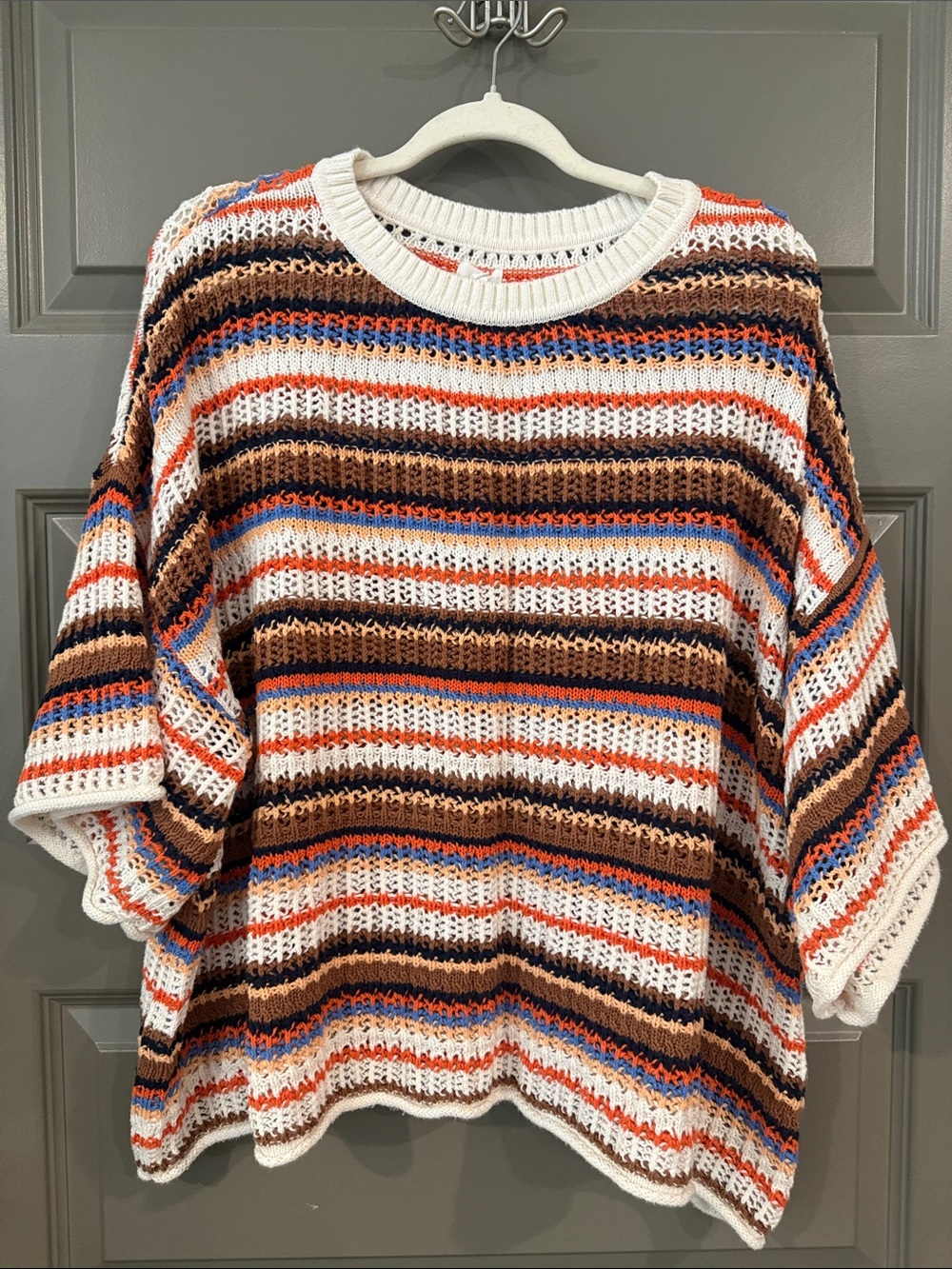 aerie Striped Open-Knit Crewneck Sweater in White, Brown, Orange & Blue